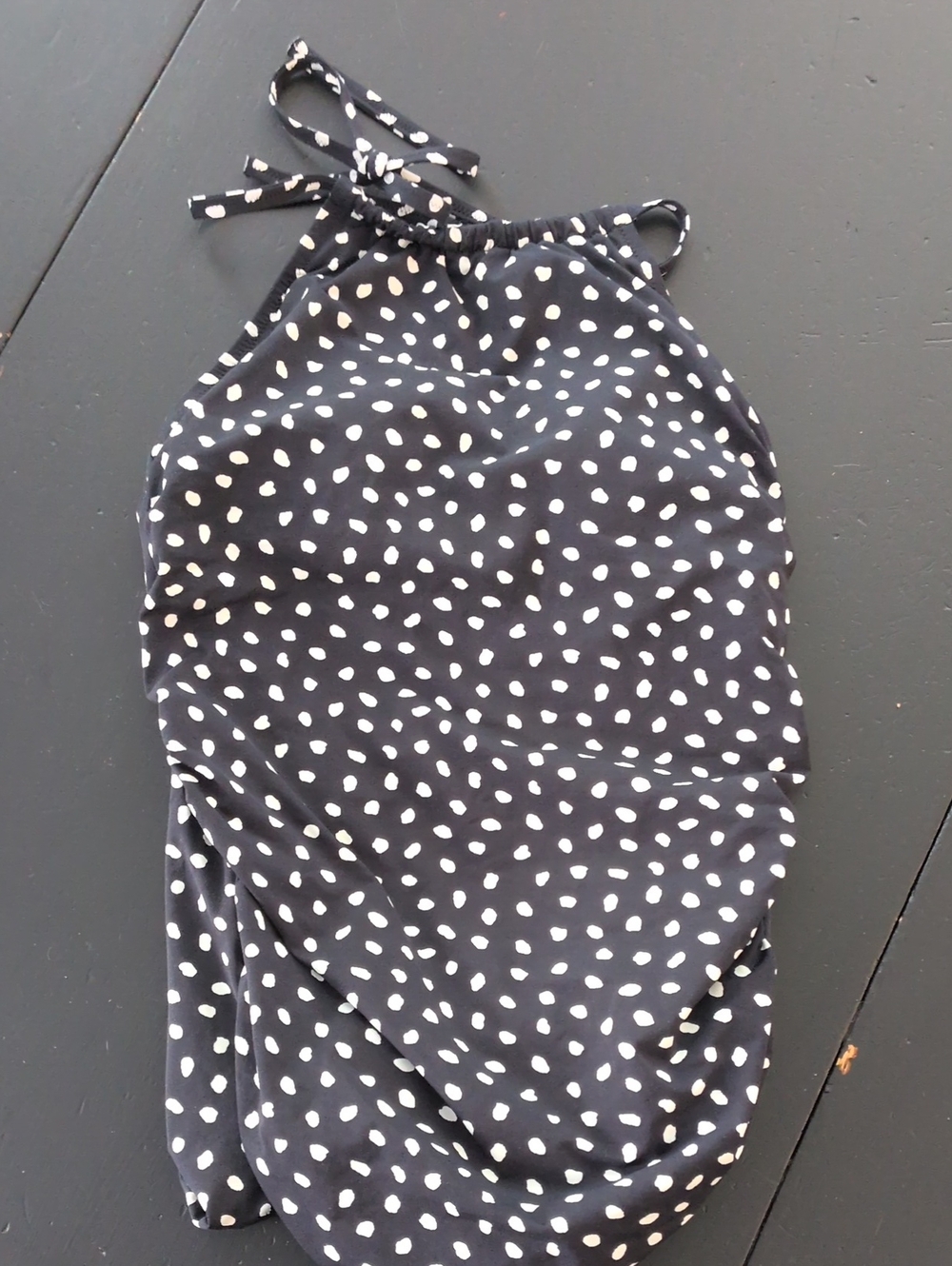 Lands' End Black One-Piece Halter Swimsuit with White Polka Dots - Size 12L